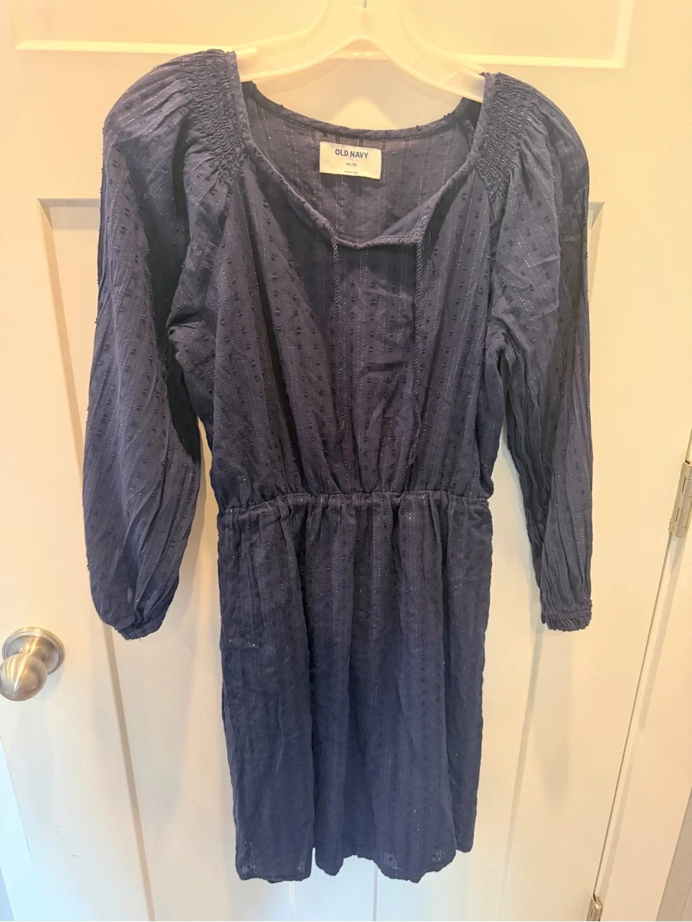 Old Navy Girls XL 16 Navy Textured Cotton Metallic Peasant Dress Long Sleeve
